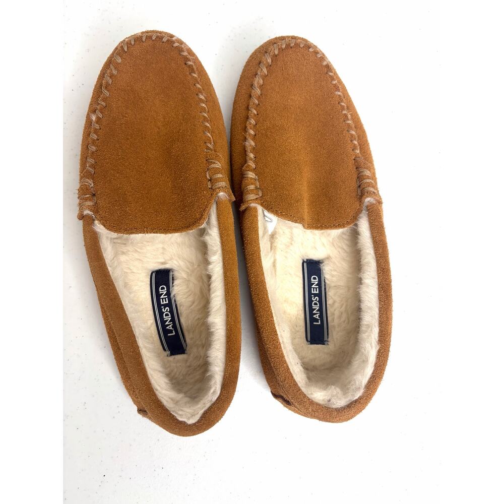 Lands' End Women's Fuzzy Lined Suede Moccasin Slippers Sz 7 Comfort Cabincore - Picture 8 of 10